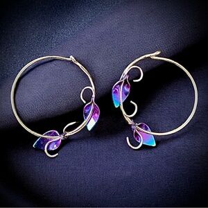 Elegant Purple and Blue Leaf Hoop Earrings